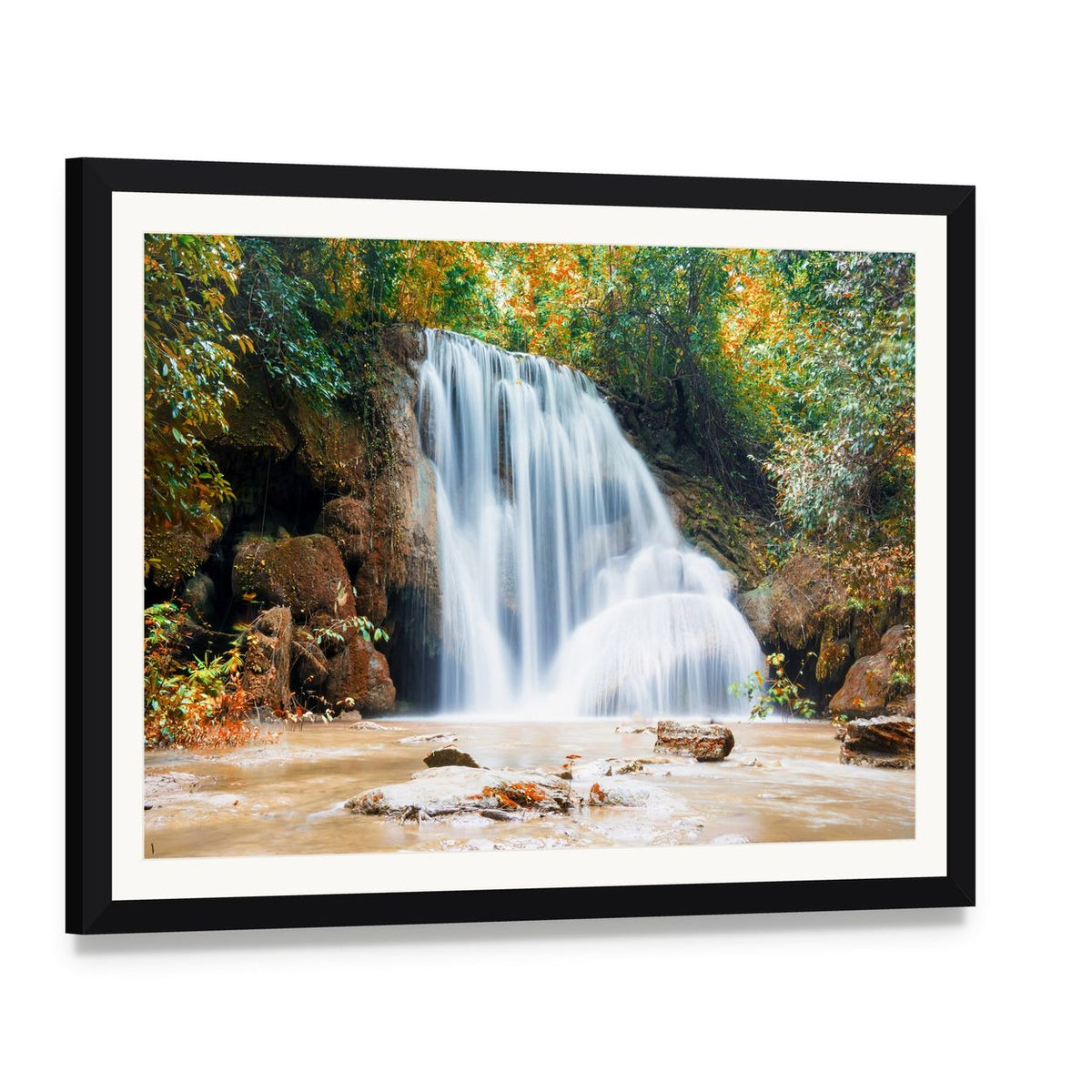 Planthong Waterfall Canvas Wall Art, framed print with white mat and black frame, angled product view