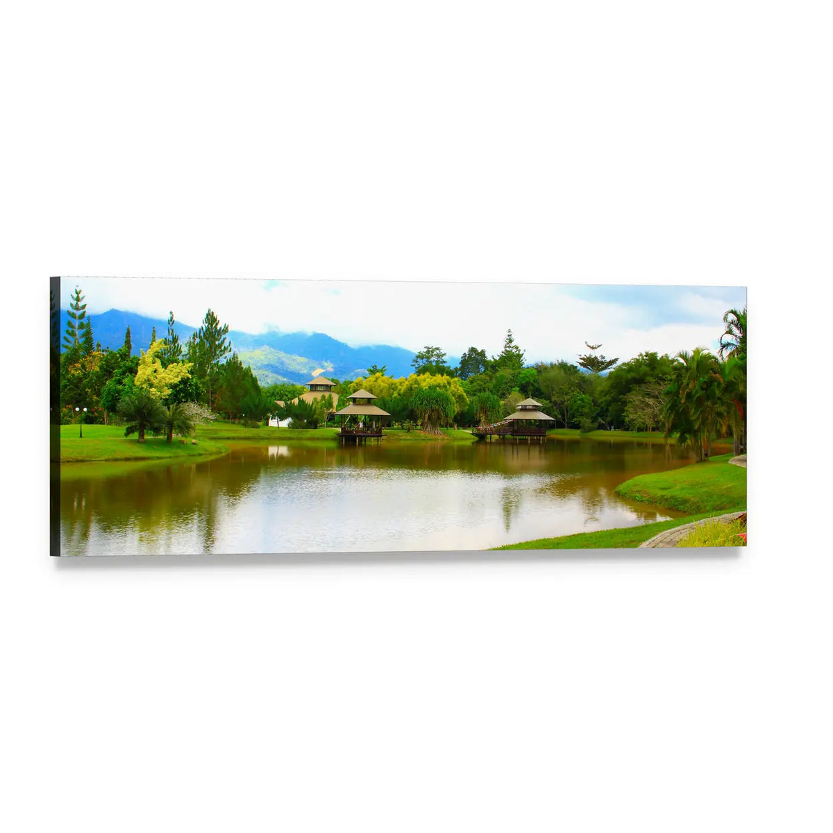 Wooden Pavilions Over Serene Lake Panoramic Canvas Wall Art, single panel gallery wrapped canvas, angled product view