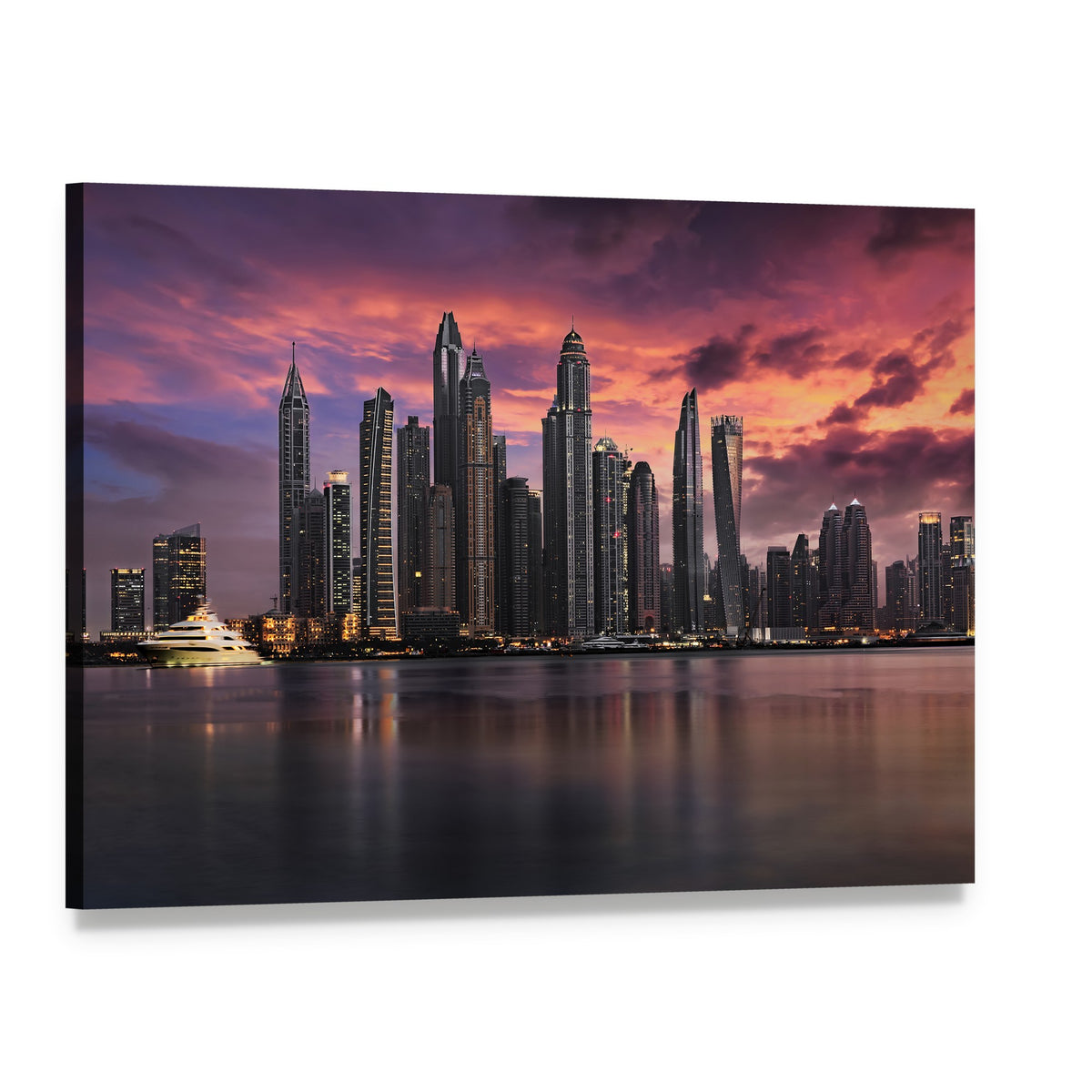Sunset Over Dubai Marina Skyline Canvas Wall Art, single panel gallery wrapped canvas, angled product view