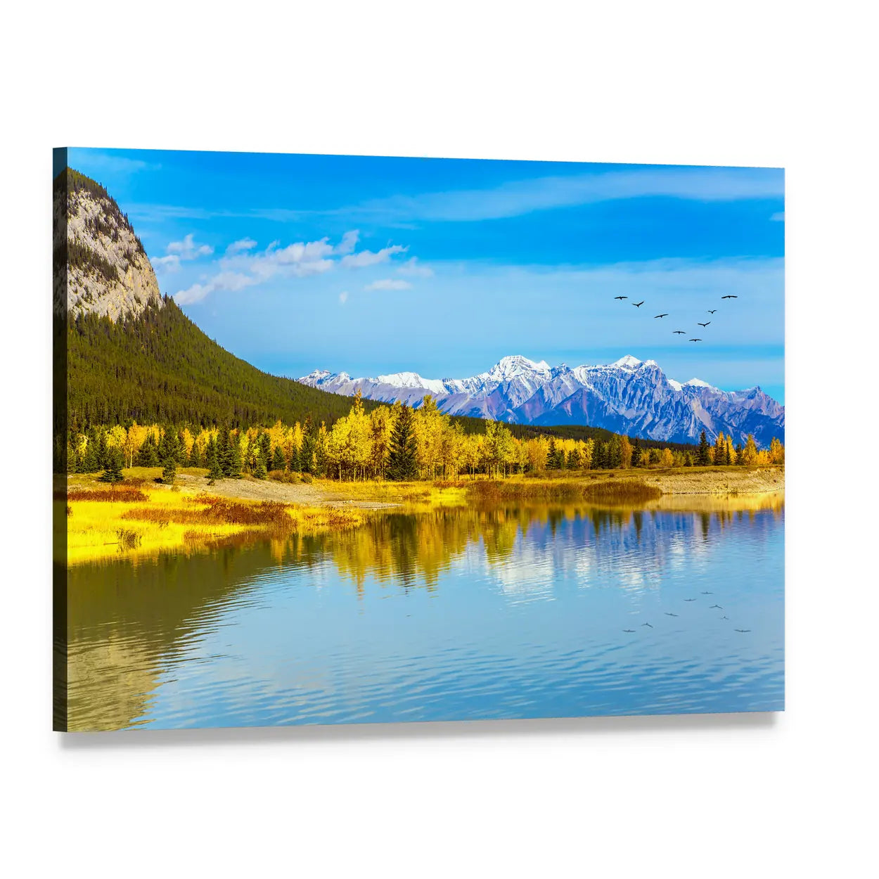 Golden Trees Beside Mountain Lake Canvas Wall Art, single panel gallery wrapped canvas, angled product view
