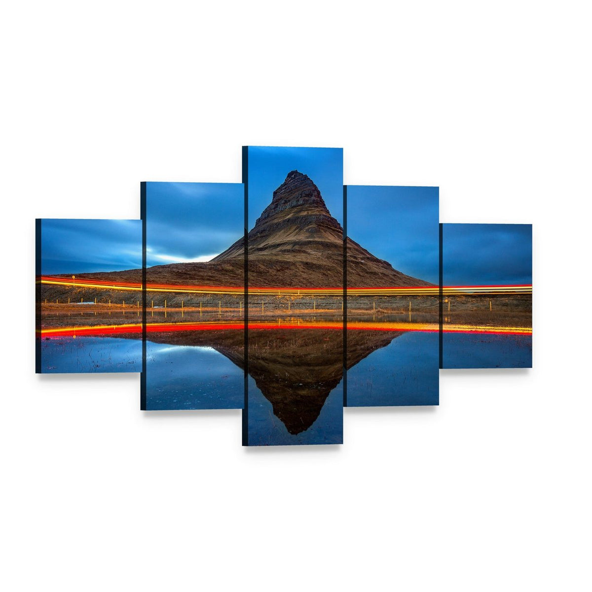 Kirkjufell Night Reflection Canvas Wall Art, 5 panel 5 Star layout gallery wrapped canvas set, angled product view