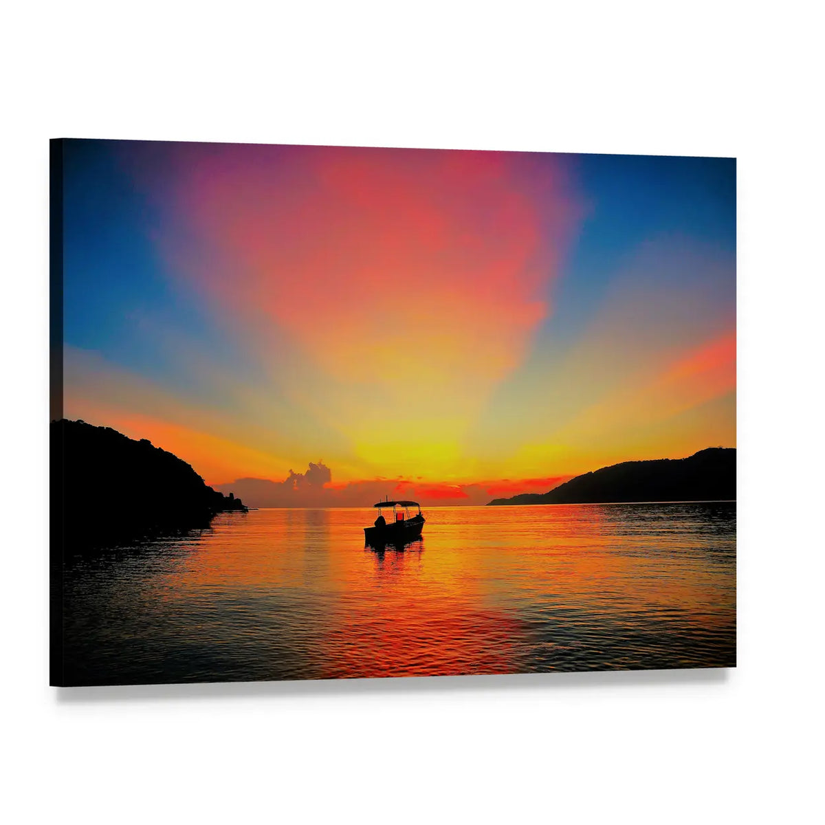 Canopy Boat at Sunset Over Calm Sea Canvas Wall Art, single panel gallery wrapped canvas, angled product view