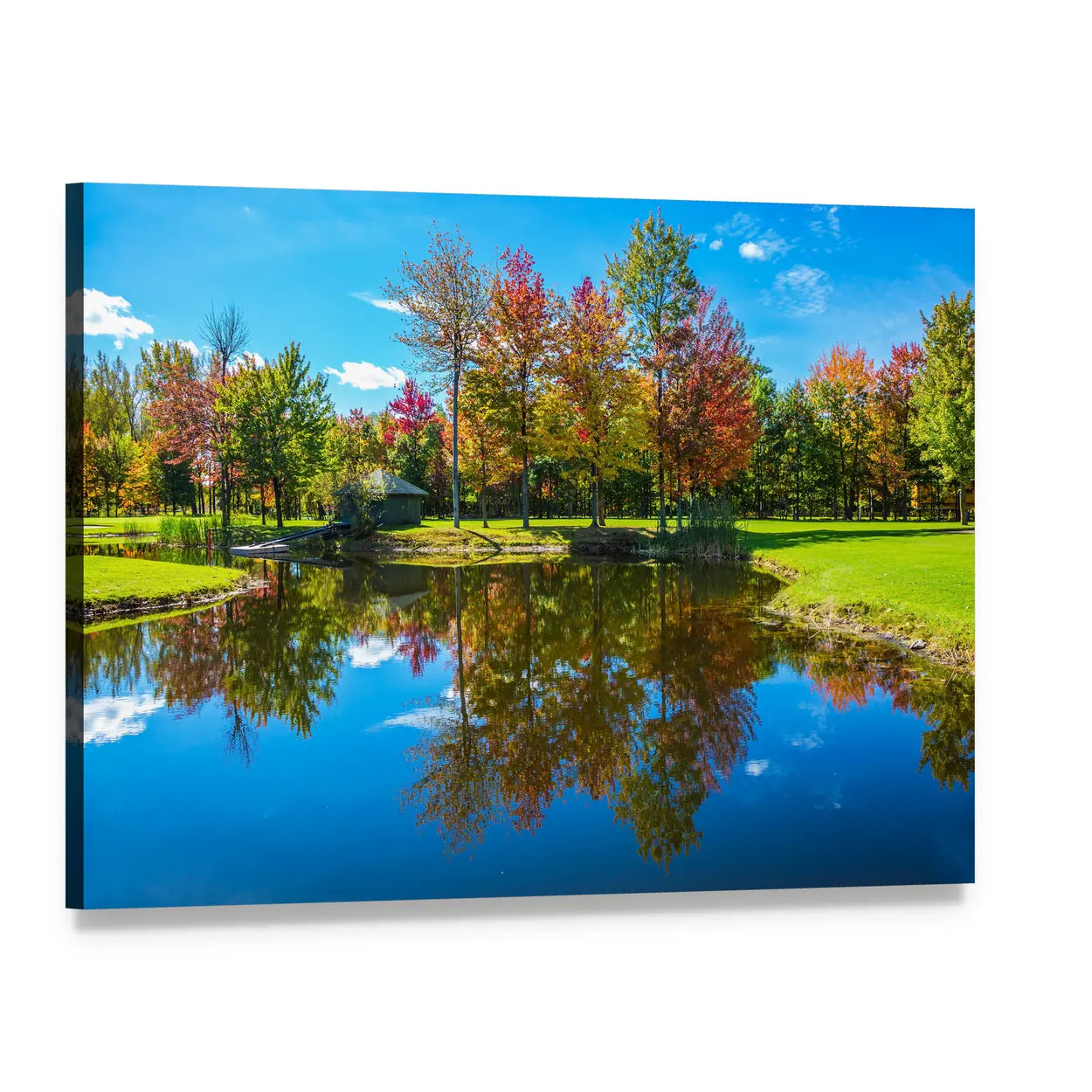 Autumn Foliage Reflection on Lake Canvas Wall Art, single panel gallery wrapped canvas, angled product view