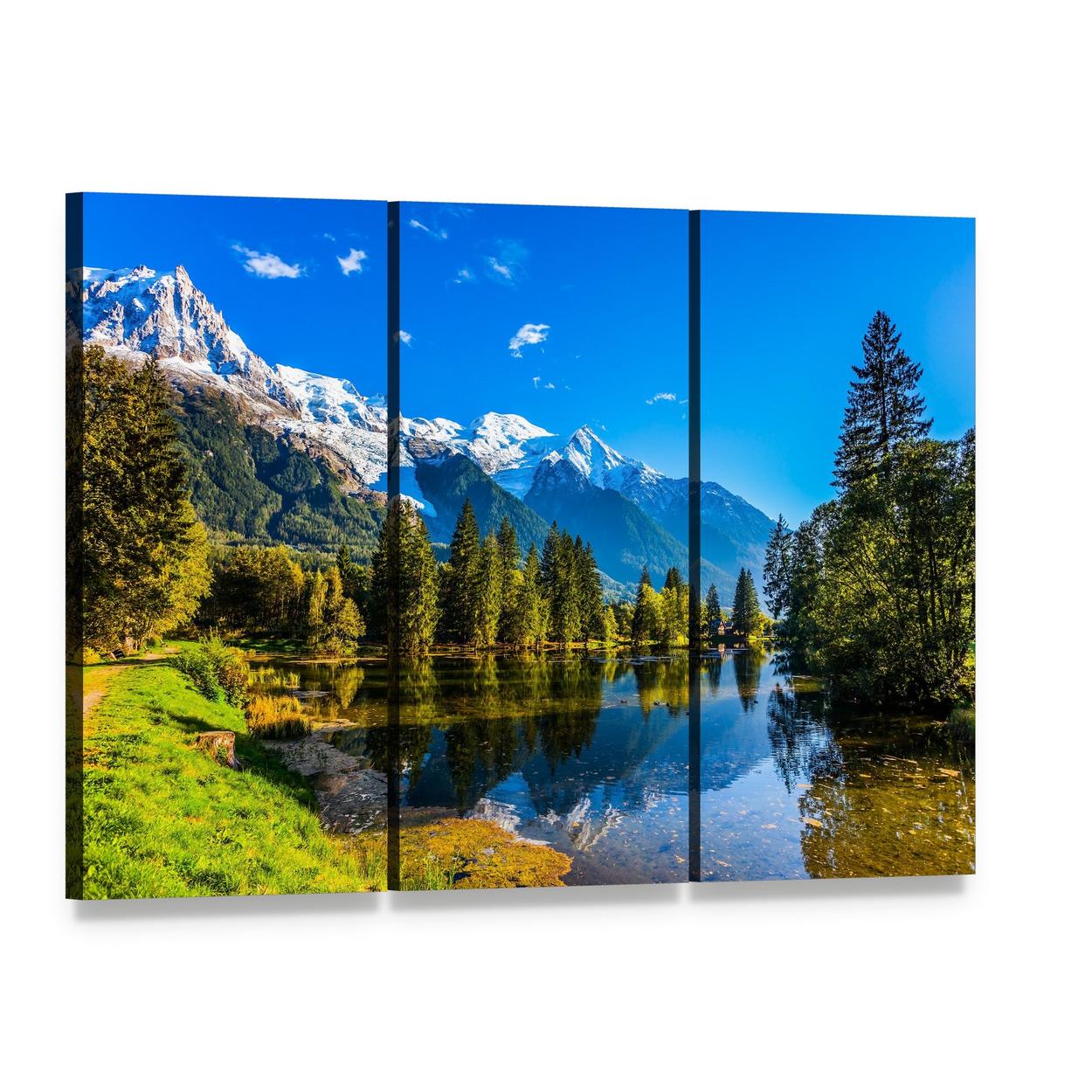 Snow-capped Mountains Over Reflective Lake Canvas Wall Art, 3 panel 3 Horizontal layout gallery wrapped canvas set, angled product view