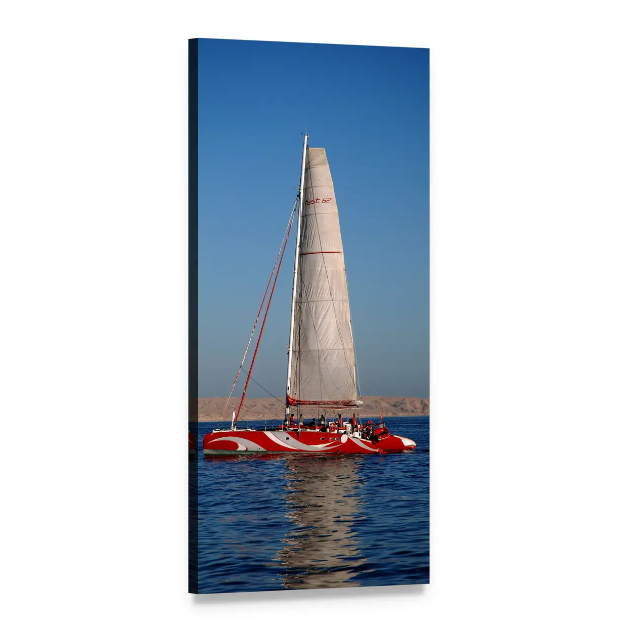 Red-striped Catamaran on Deep Blue Sea Vertical Canvas Wall Art, 1 panel 1 Vertical layout gallery wrapped canvas set, angled product view