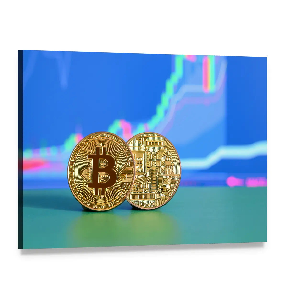 Two Gold Bitcoin Coins Canvas Wall Art, single panel gallery wrapped canvas, angled product view
