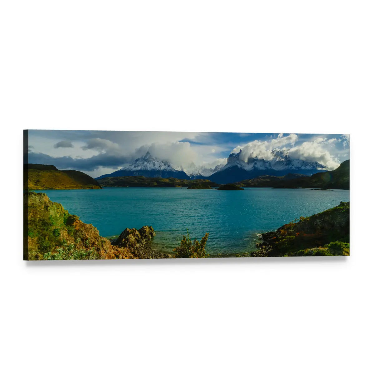 Torres Mountains by the Lake Panoramic Canvas Wall Art, single panel gallery wrapped canvas, angled product view