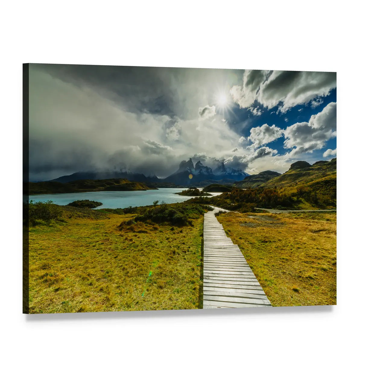 Autumn Boardwalk in Patagonia Canvas Wall Art, single panel gallery wrapped canvas, angled product view