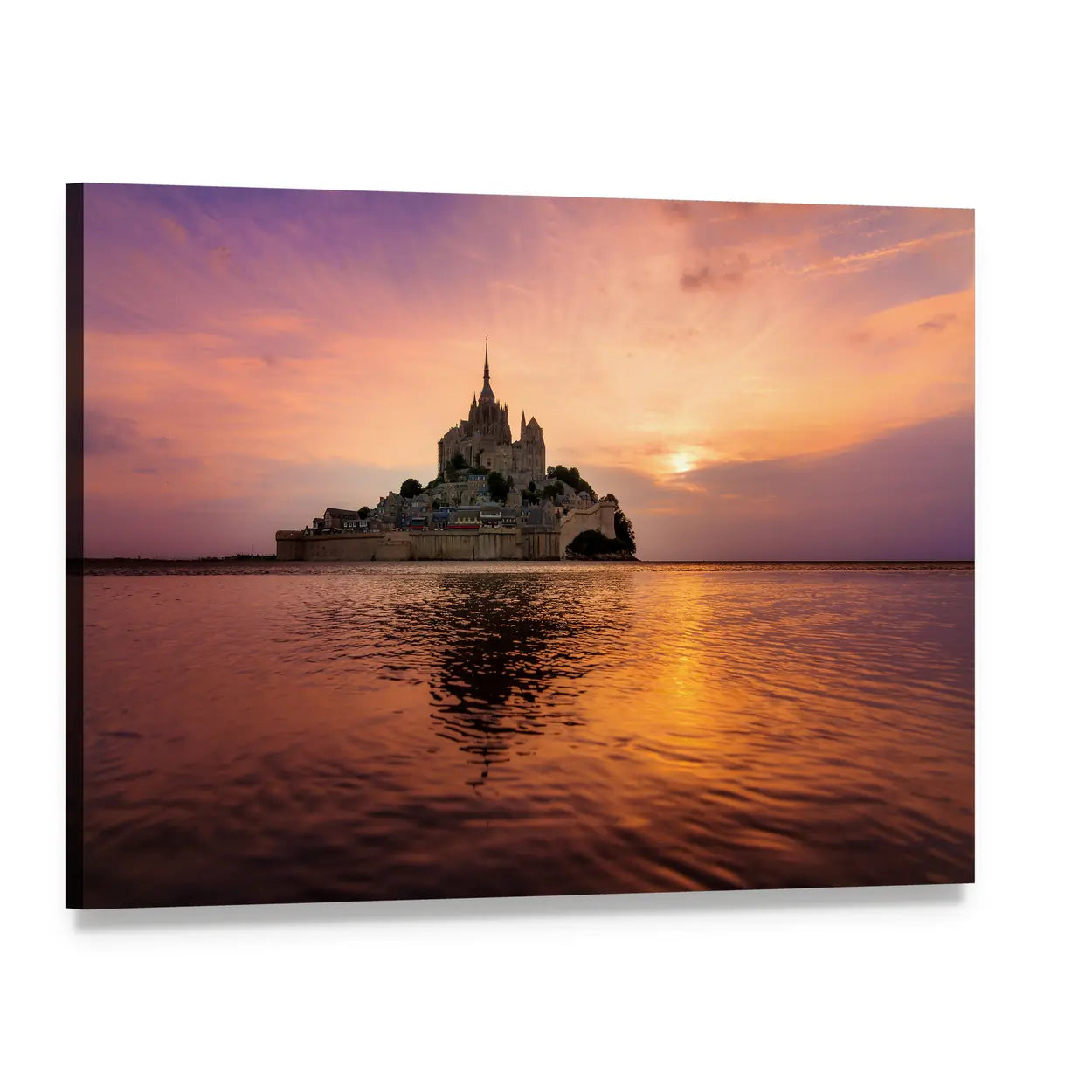 Mont Saint-michel Sunset Reflection Canvas Wall Art, single panel gallery wrapped canvas, angled product view