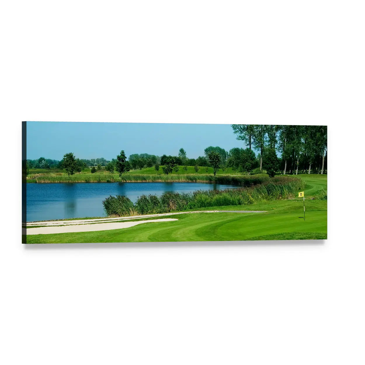 Golf Course with Yellow Flag Panoramic Canvas Wall Art, single panel gallery wrapped canvas, angled product view