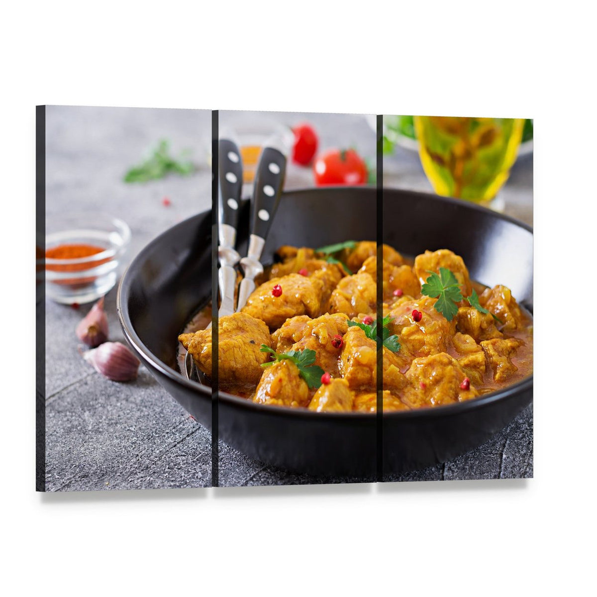 Chicken Curry with Parsley and Pink Peppercorns Canvas Wall Art, 3 panel 3 Horizontal layout gallery wrapped canvas set, angled product view