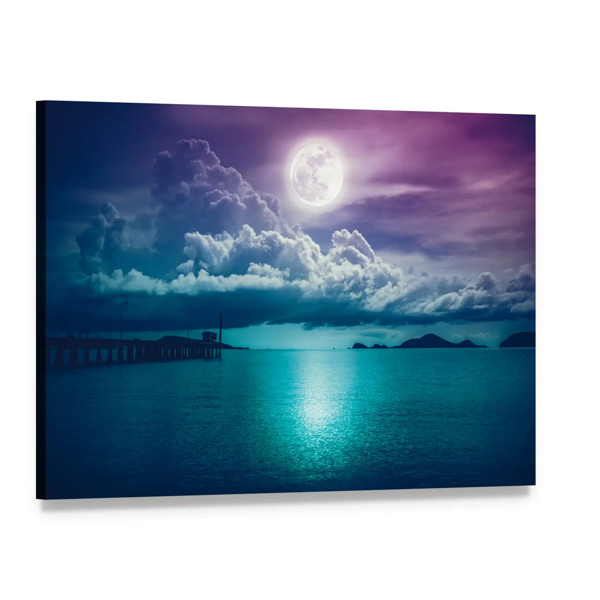 Full Moon Over Calm Seascape Canvas Wall Art, single panel gallery wrapped canvas, angled product view