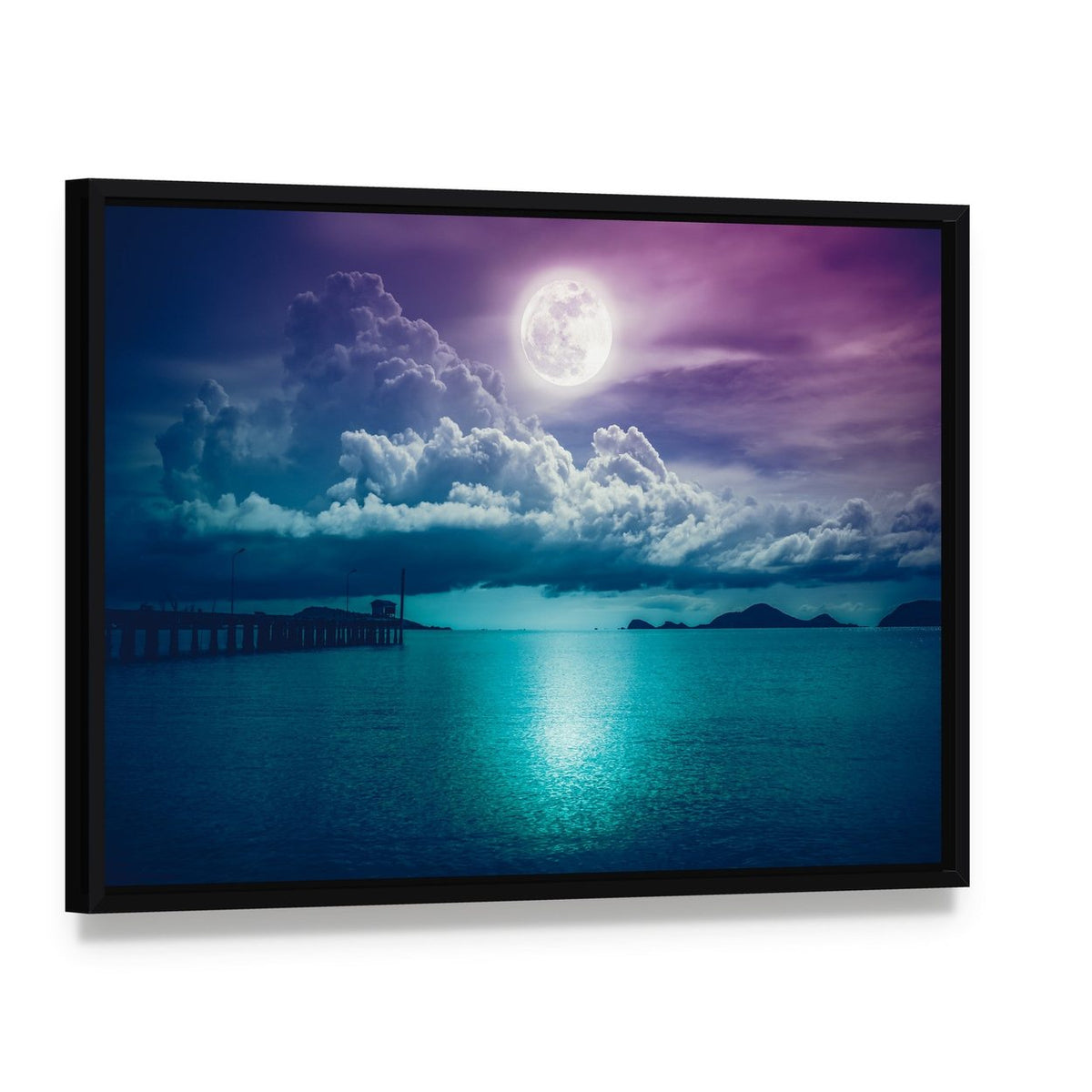 Moonlit Seascape with Wooden Pier Canvas Wall Art, framed canvas in a black floater frame, angled product view