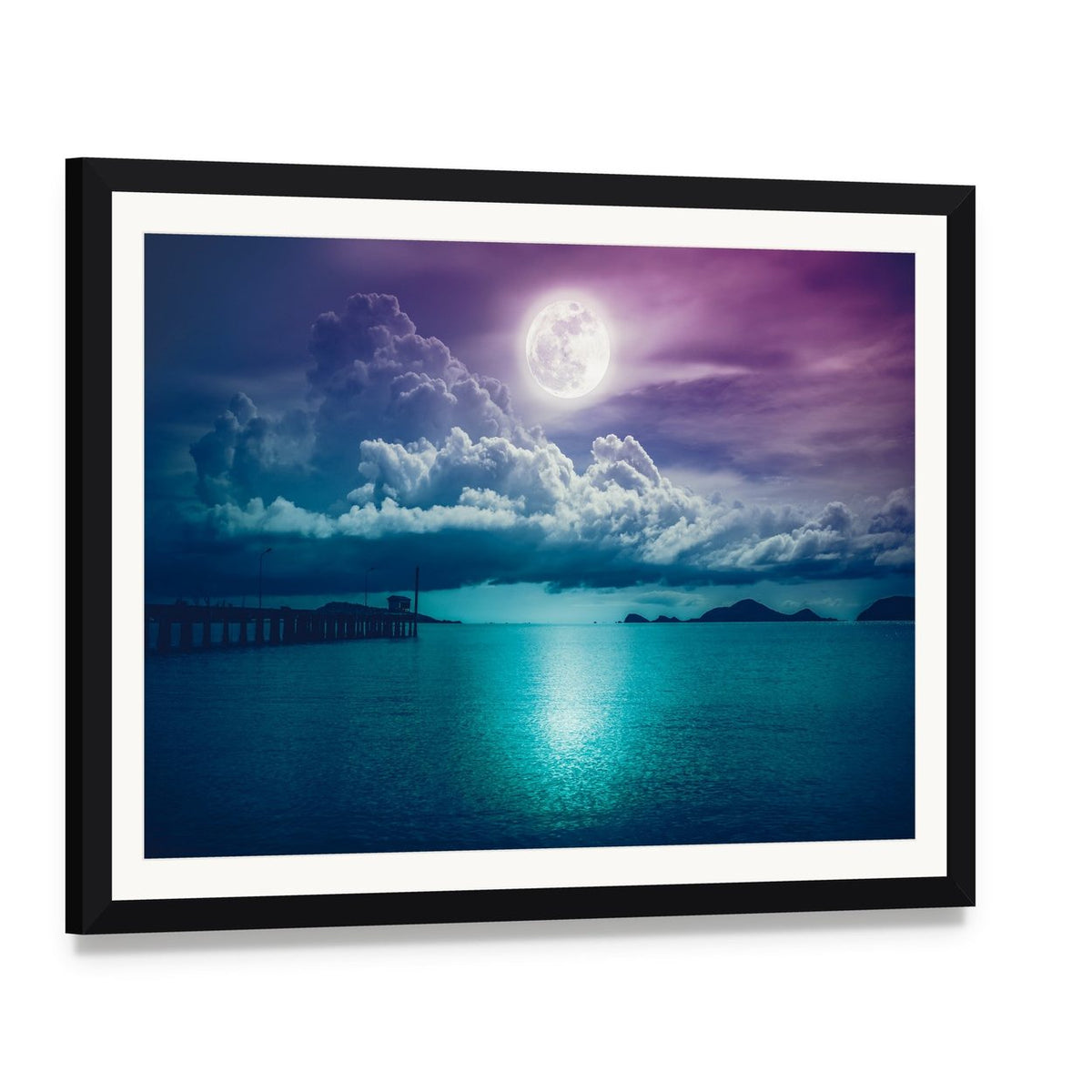 Moonlit Seascape with Wooden Pier Canvas Wall Art, framed print with white mat and black frame, angled product view