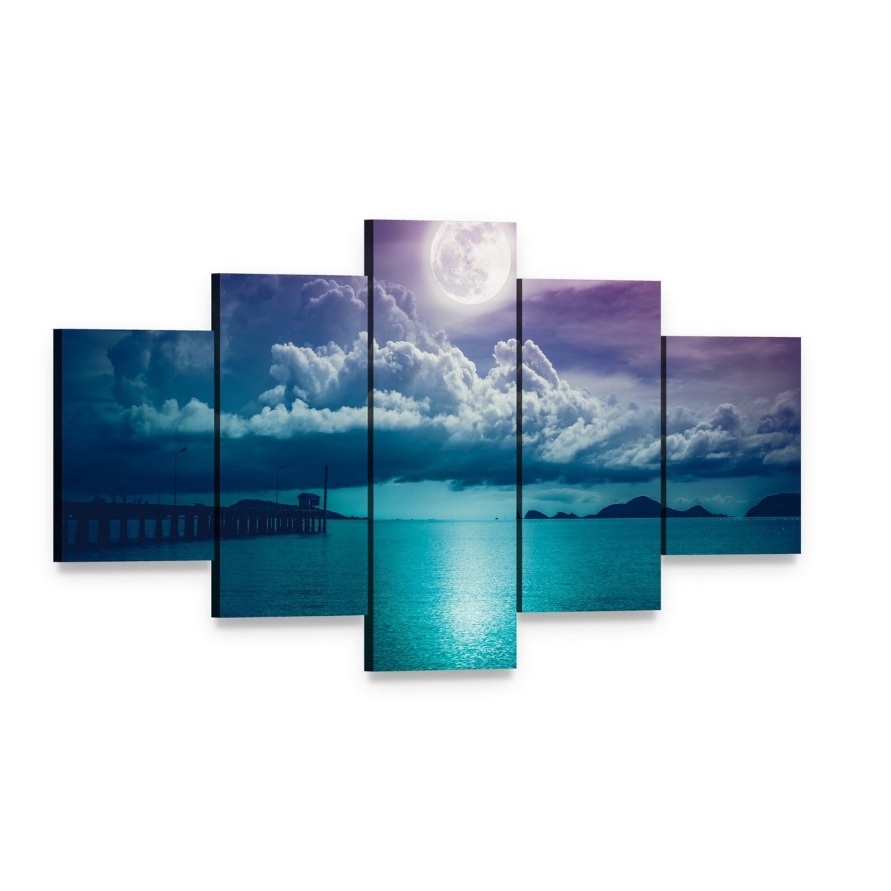 Moonlit Seascape with Wooden Pier Canvas Wall Art, 5 panel 5 Star layout gallery wrapped canvas set, angled product view