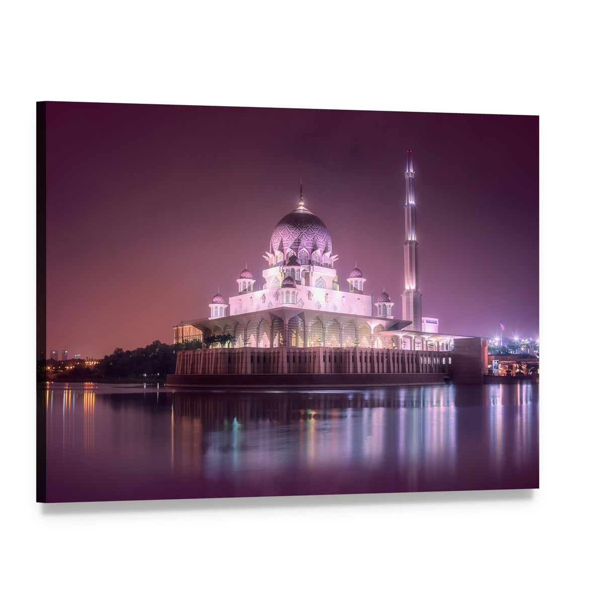 Putra Mosque Night Reflection Canvas Wall Art, single panel gallery wrapped canvas, angled product view