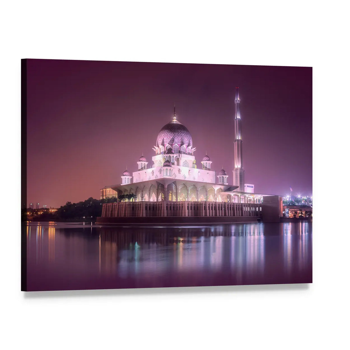 Putra Mosque Night Reflection Canvas Wall Art, single panel gallery wrapped canvas, angled product view