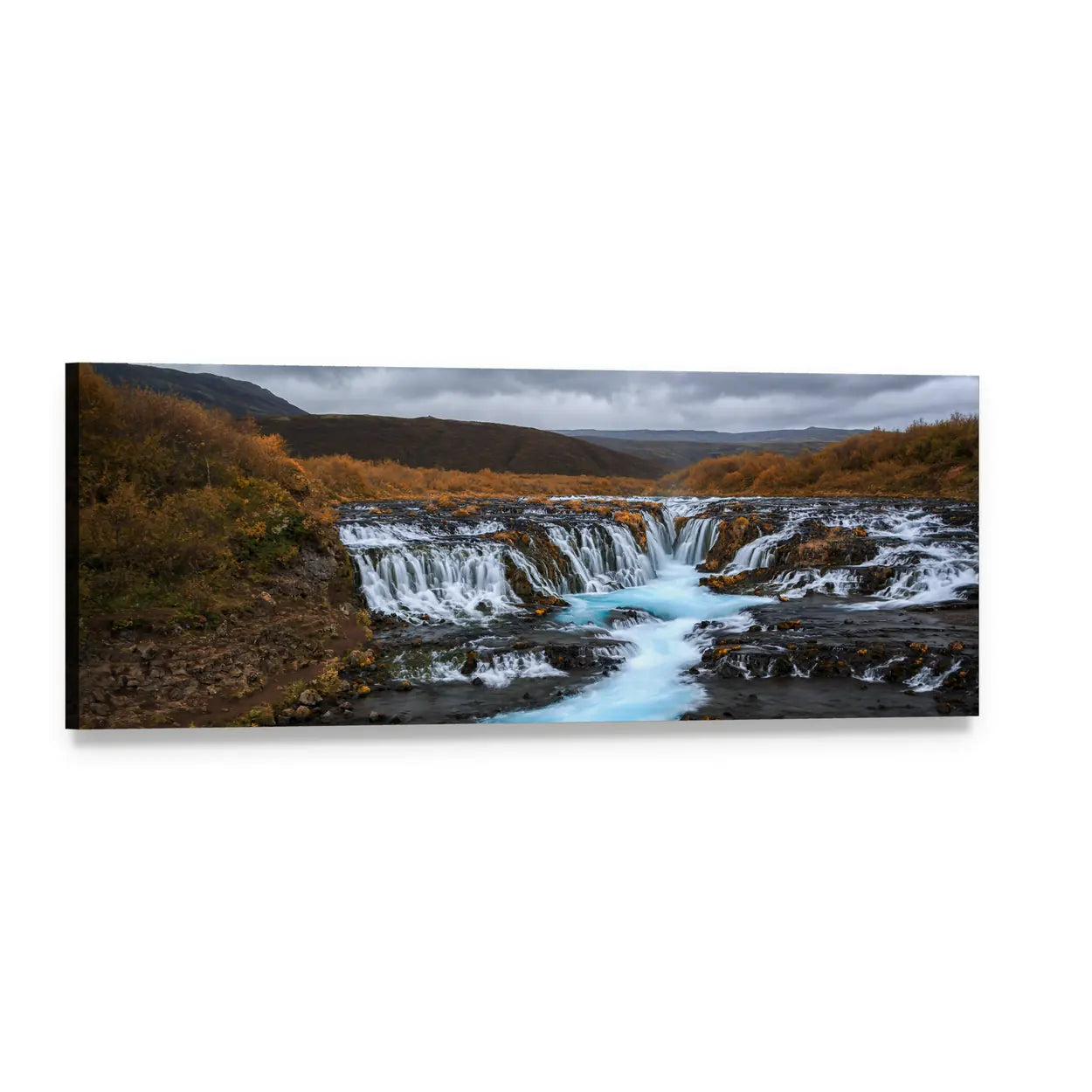 Bruarfossus Waterfall Panoramic Canvas Wall Art, single panel gallery wrapped canvas, angled product view