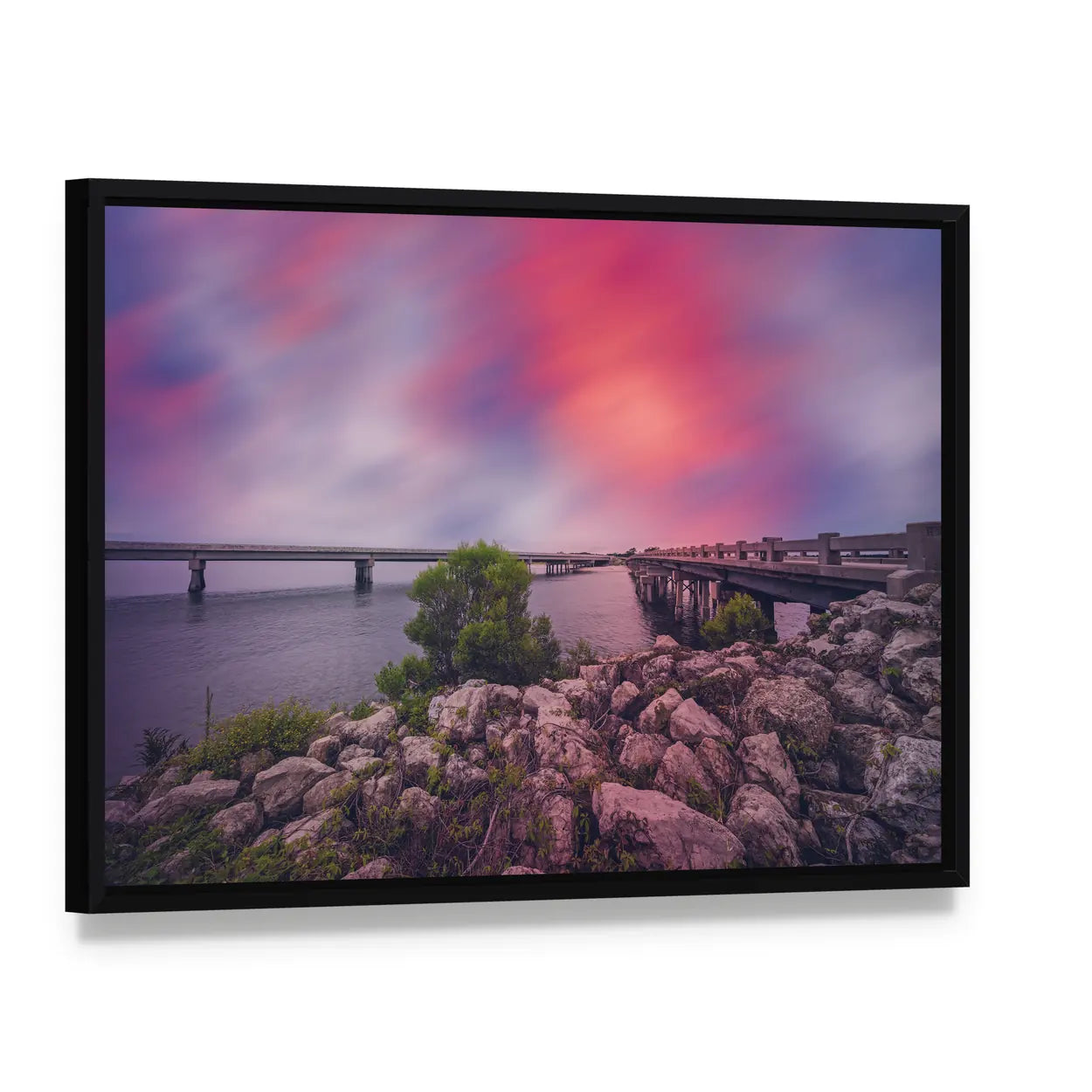 Bridges Between Amelia and Big Talbot Islands Canvas Wall Art, framed canvas in a black floater frame, angled product view
