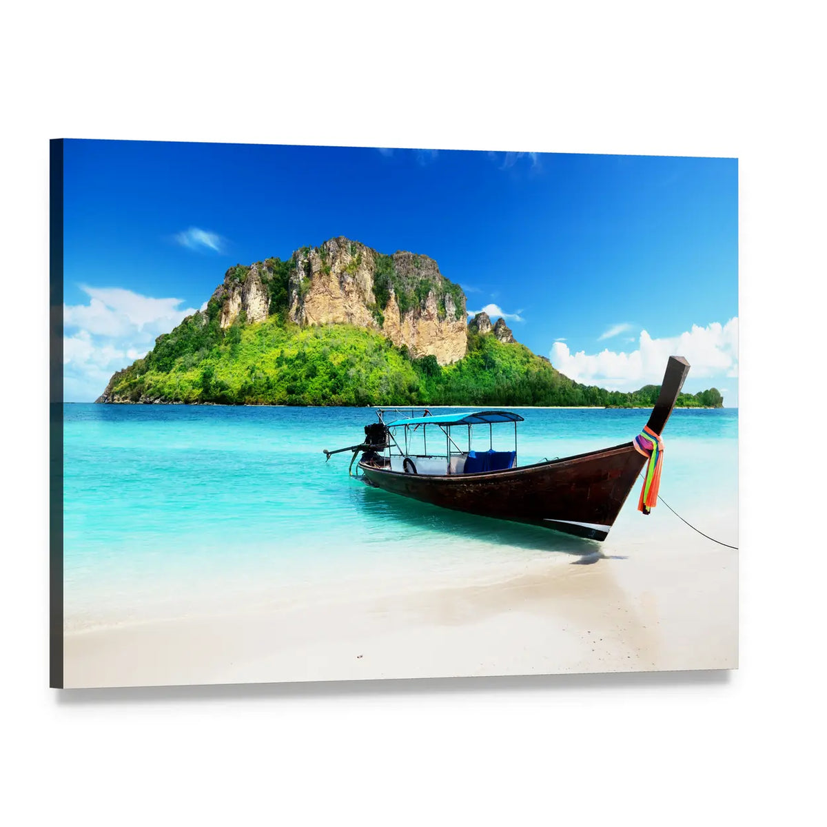 Longtail Boat on Tropical Island Canvas Wall Art, single panel gallery wrapped canvas, angled product view