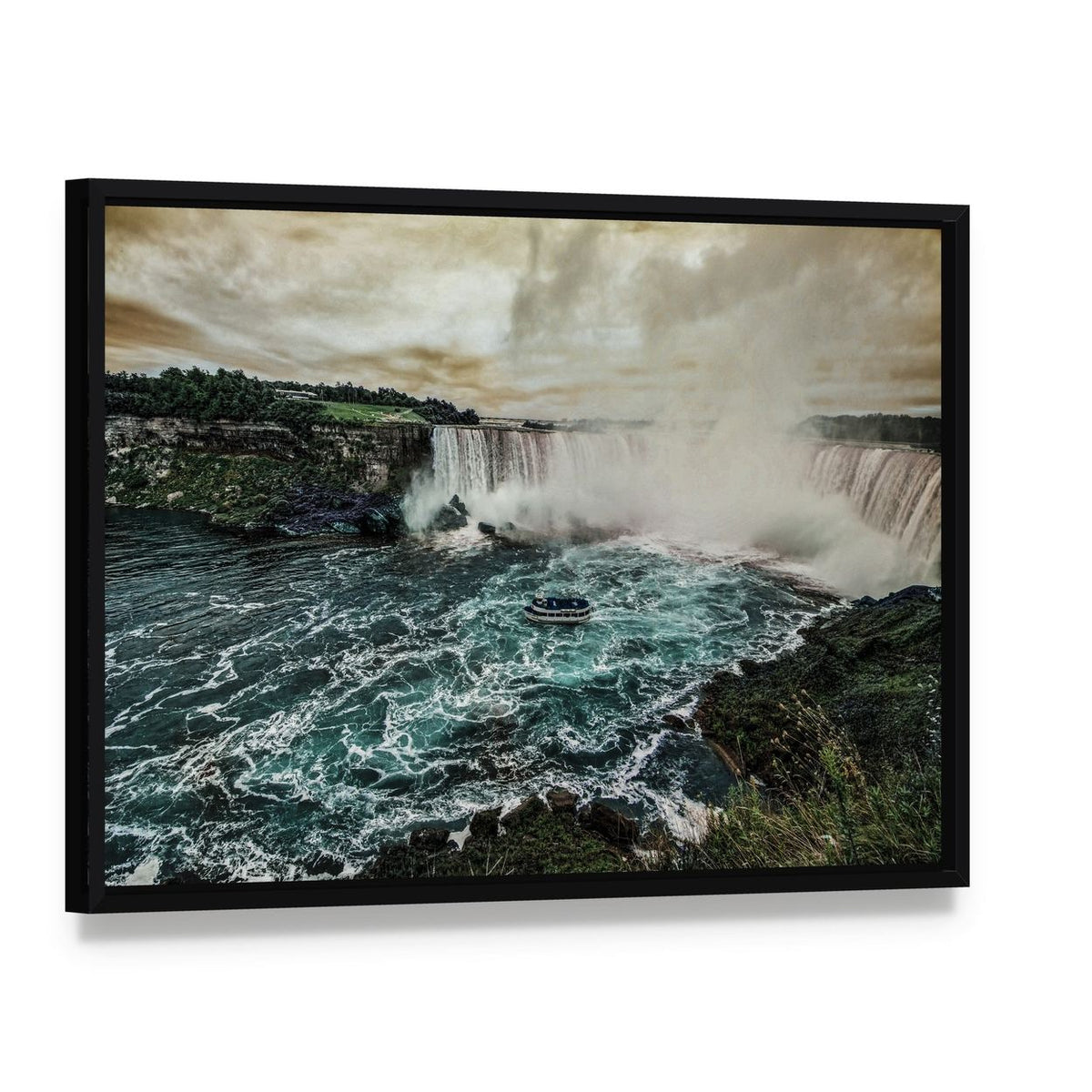 Niagara Falls from Canadian Side Canvas Wall Art, framed canvas in a black floater frame, angled product view