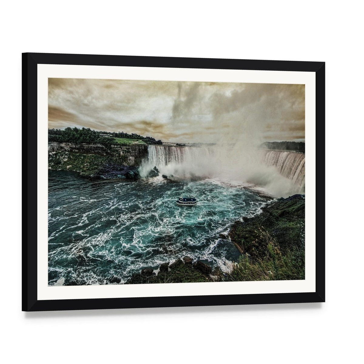 Niagara Falls from Canadian Side Canvas Wall Art, framed print with white mat and black frame, angled product view