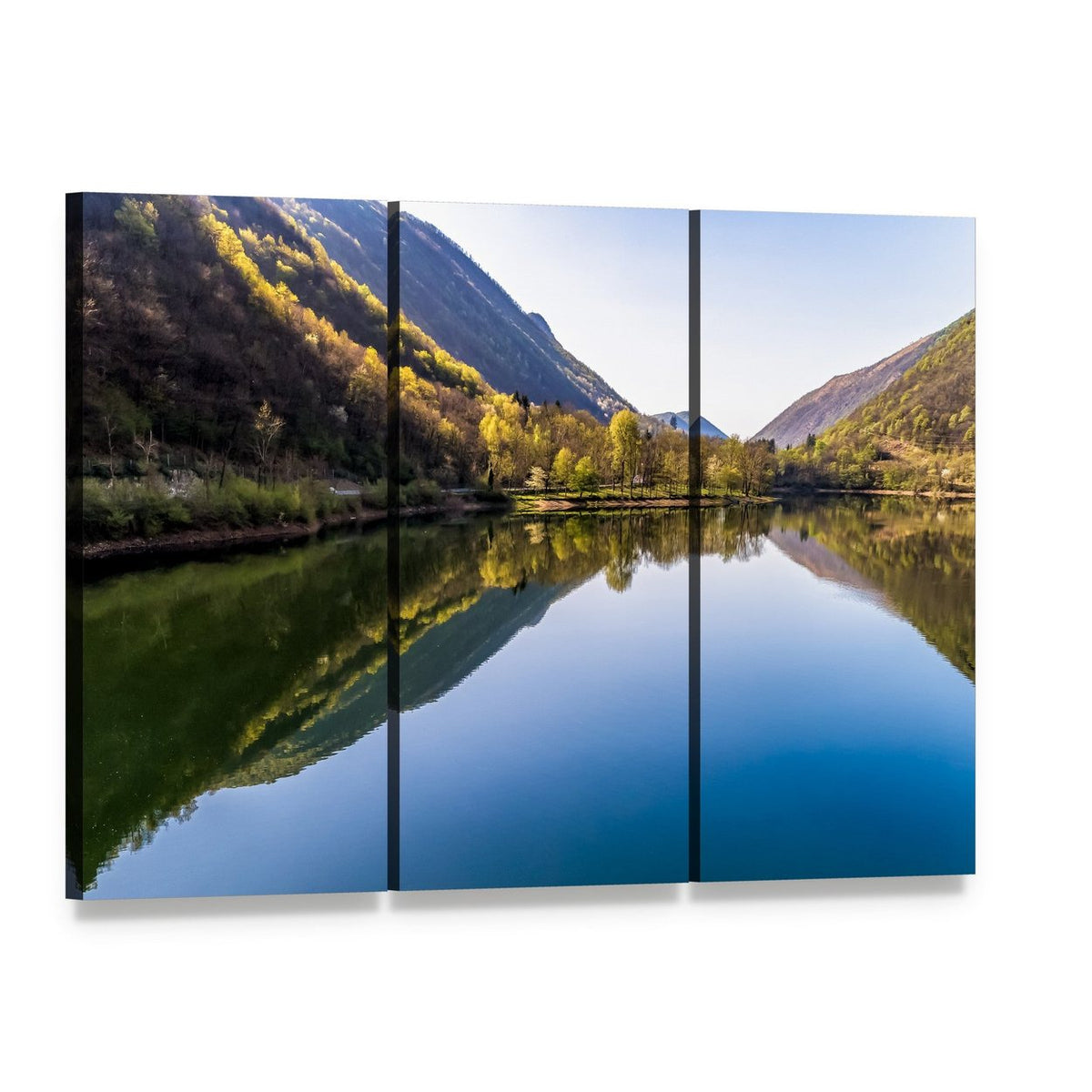 Ghirla Lake Italy, Sunlit Mountainside Canvas Wall Art, 3 panel 3 Horizontal layout gallery wrapped canvas set, angled product view