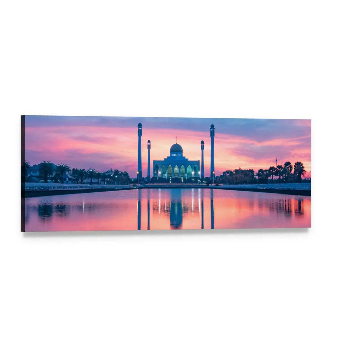 Mosque Reflection at Sunset Panoramic Canvas Wall Art, single panel gallery wrapped canvas, angled product view