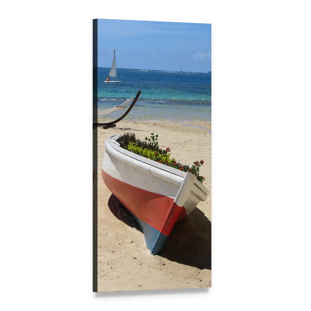 Boat Planter on Tropical Beach with Flowers Vertical Canvas Wall Art, 1 panel 1 Vertical layout gallery wrapped canvas set, angled product view