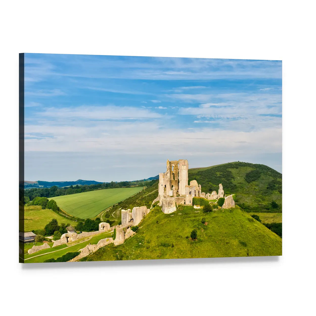 Ruins of Corfe Castle Canvas Wall Art, single panel gallery wrapped canvas, angled product view