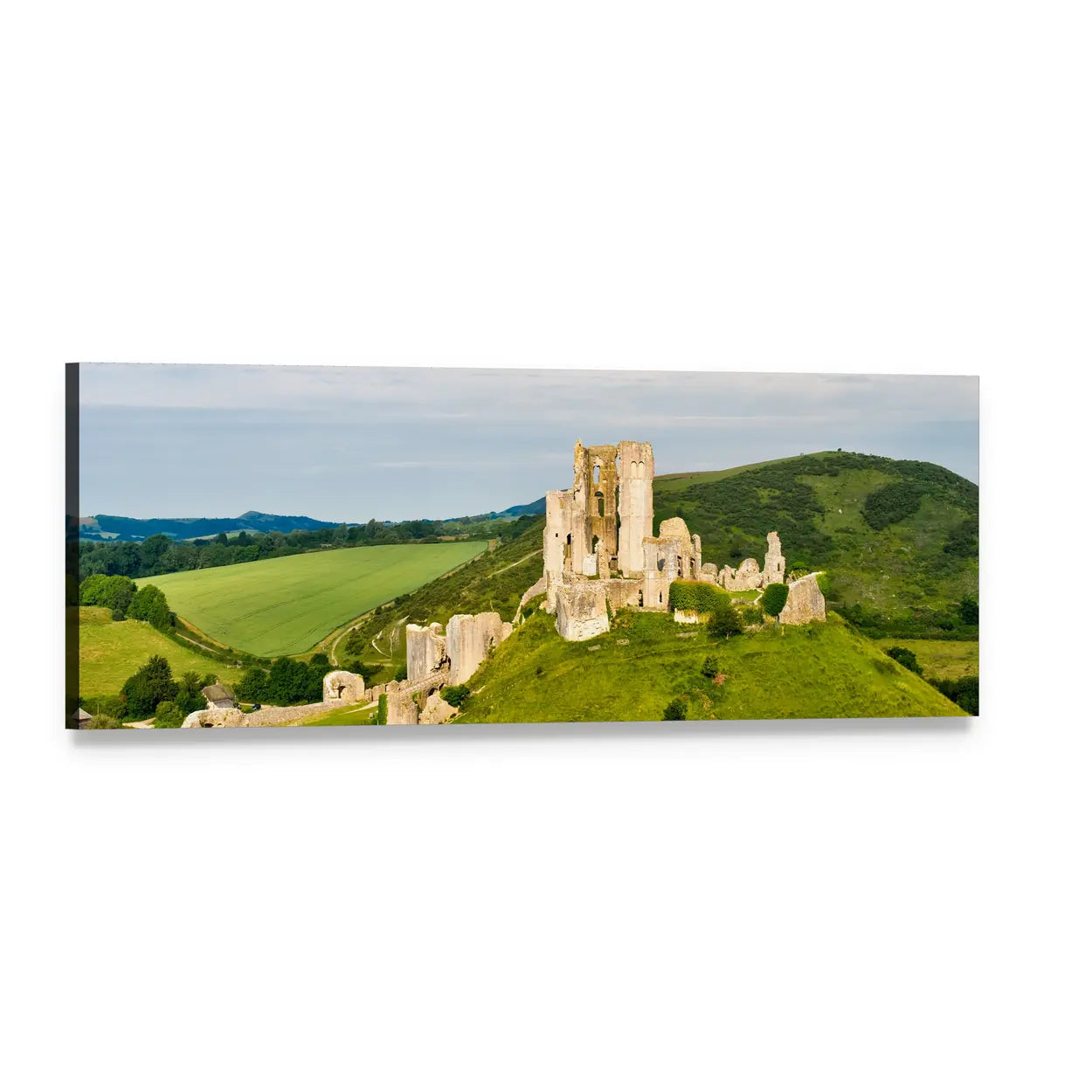 Ruins of Corfe Castle Panoramic Canvas Wall Art, single panel gallery wrapped canvas, angled product view
