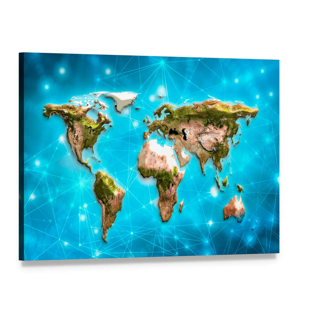 Physical World Map Illustration Canvas Wall Art, single panel gallery wrapped canvas, angled product view