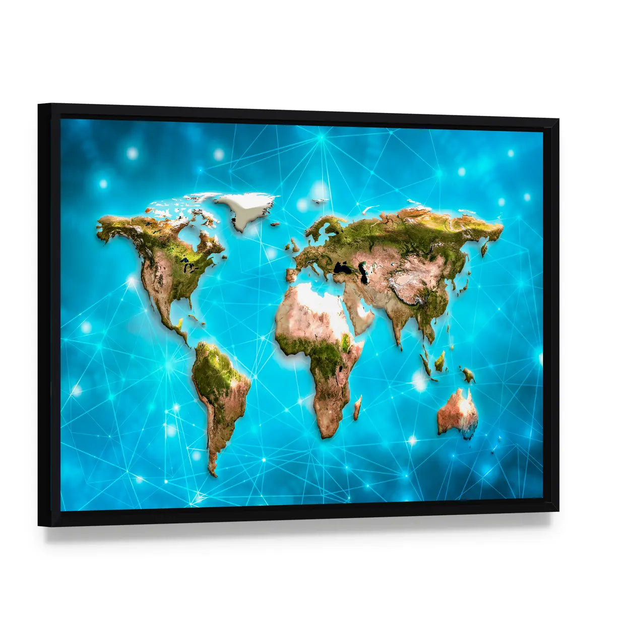 Physical World Map Illustration Canvas Wall Art, framed canvas in a black floater frame, angled product view
