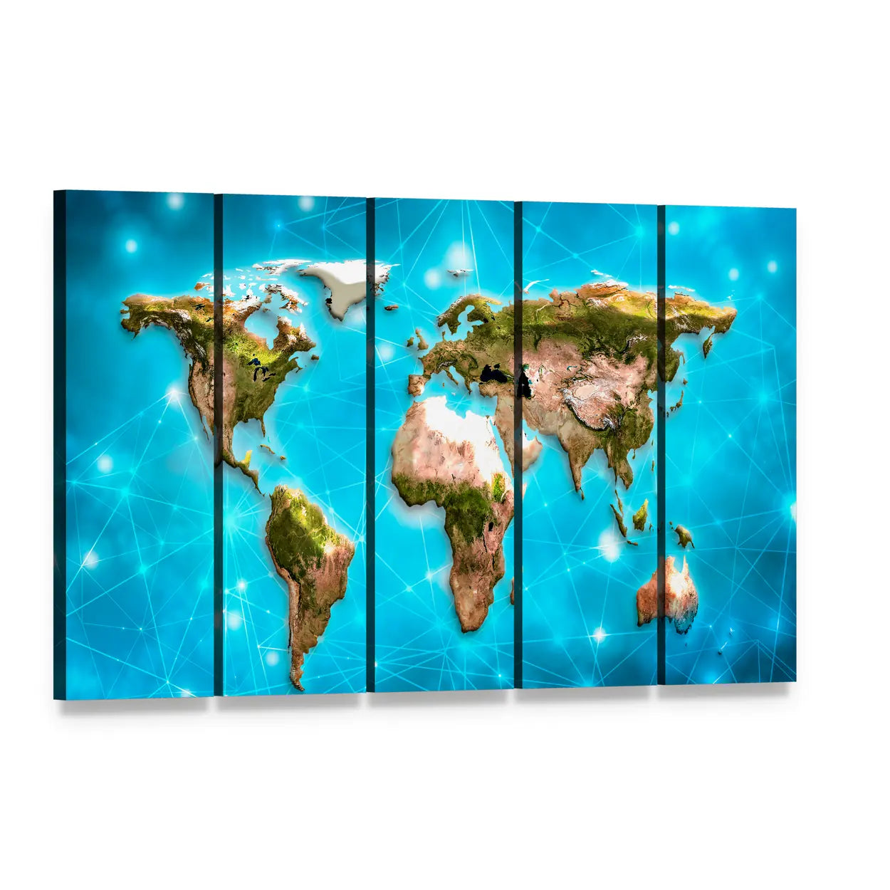 Physical World Map Illustration Canvas Wall Art, 5 panel 5 Horizontal layout gallery wrapped canvas set, angled product view