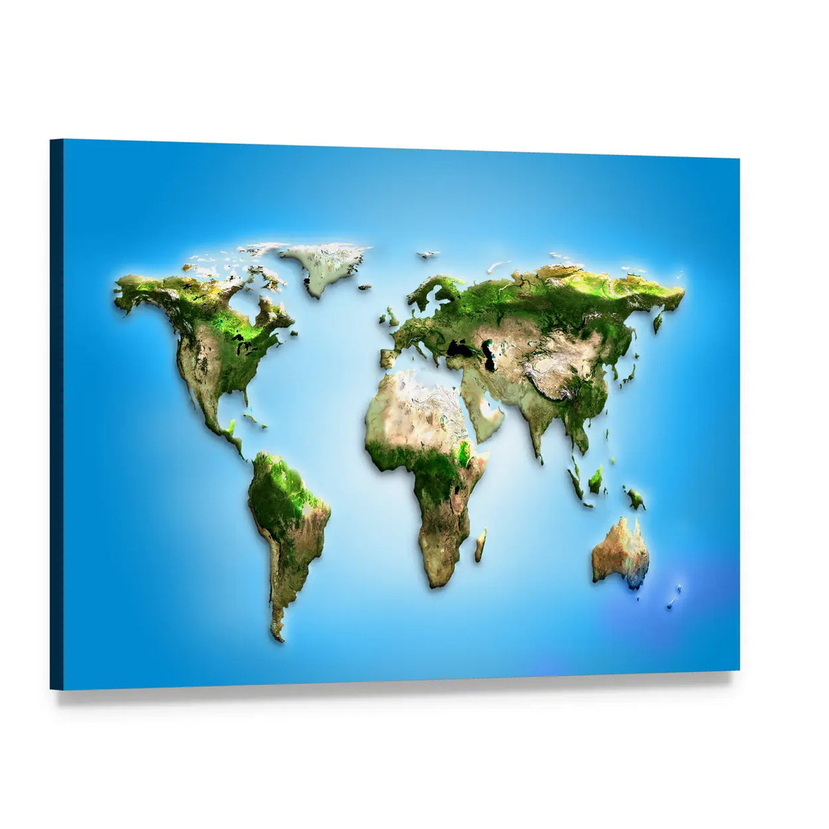 3d Topographic World Map Illustration Canvas Wall Art, single panel gallery wrapped canvas, angled product view