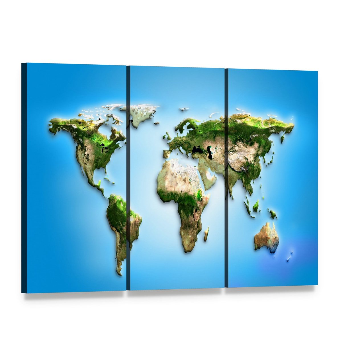 3d Topographic World Map Canvas Wall Art, 3 panel 3 Horizontal layout gallery wrapped canvas set, angled product view