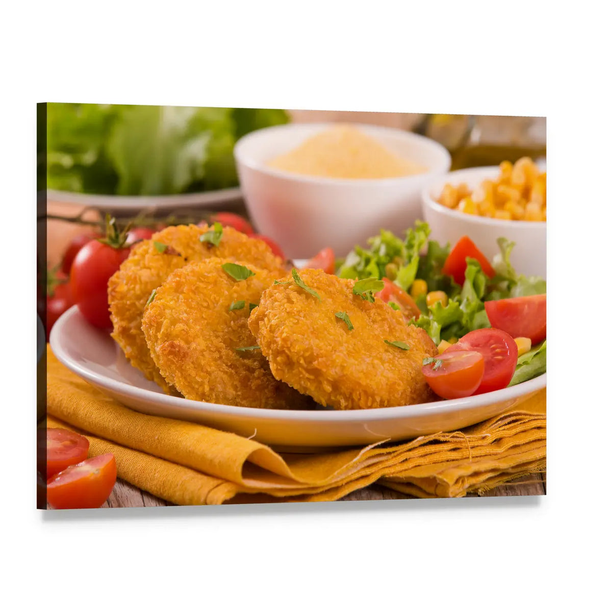Corn Burgers with Salad Canvas Wall Art, single panel gallery wrapped canvas, angled product view