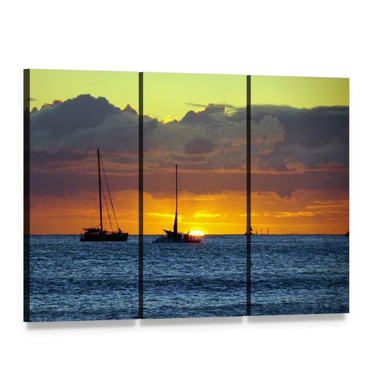 Sailboats on the Pacific at Sunset Canvas Wall Art, 3 panel 3 Horizontal layout gallery wrapped canvas set, angled product view