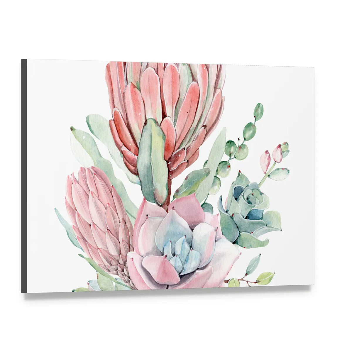 Vintage Protea and Succulents Bouquet Canvas Wall Art, single panel gallery wrapped canvas, angled product view