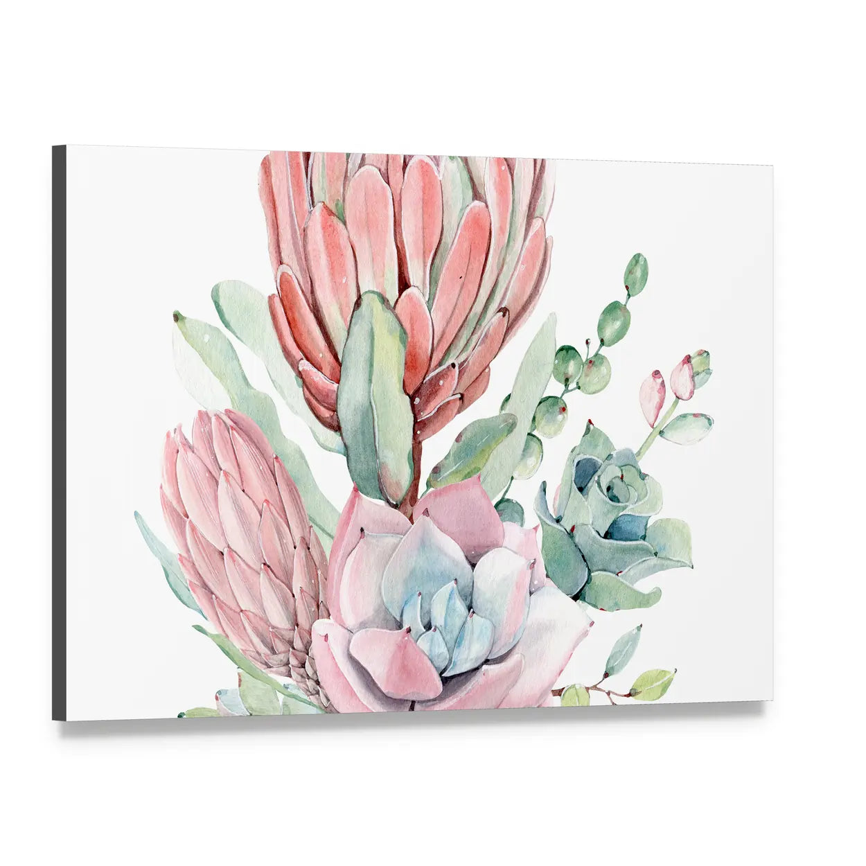 Vintage Protea and Succulents Bouquet Canvas Wall Art, single panel gallery wrapped canvas, angled product view