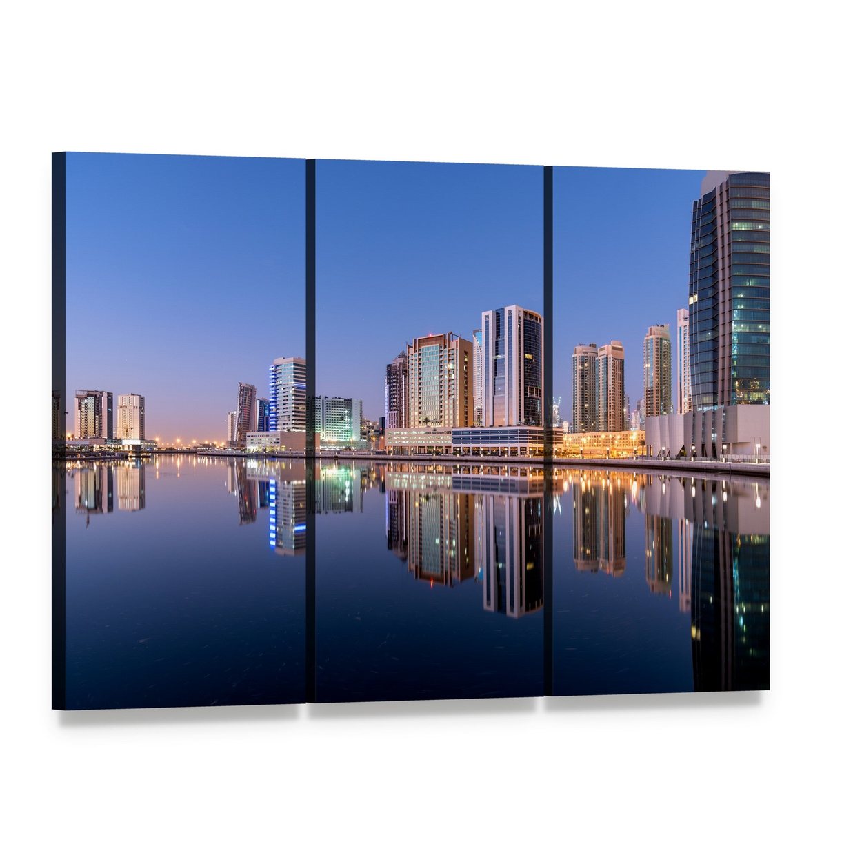 Dubai Canal Reflection Canvas Wall Art, 3 panel 3 Horizontal layout gallery wrapped canvas set, angled product view
