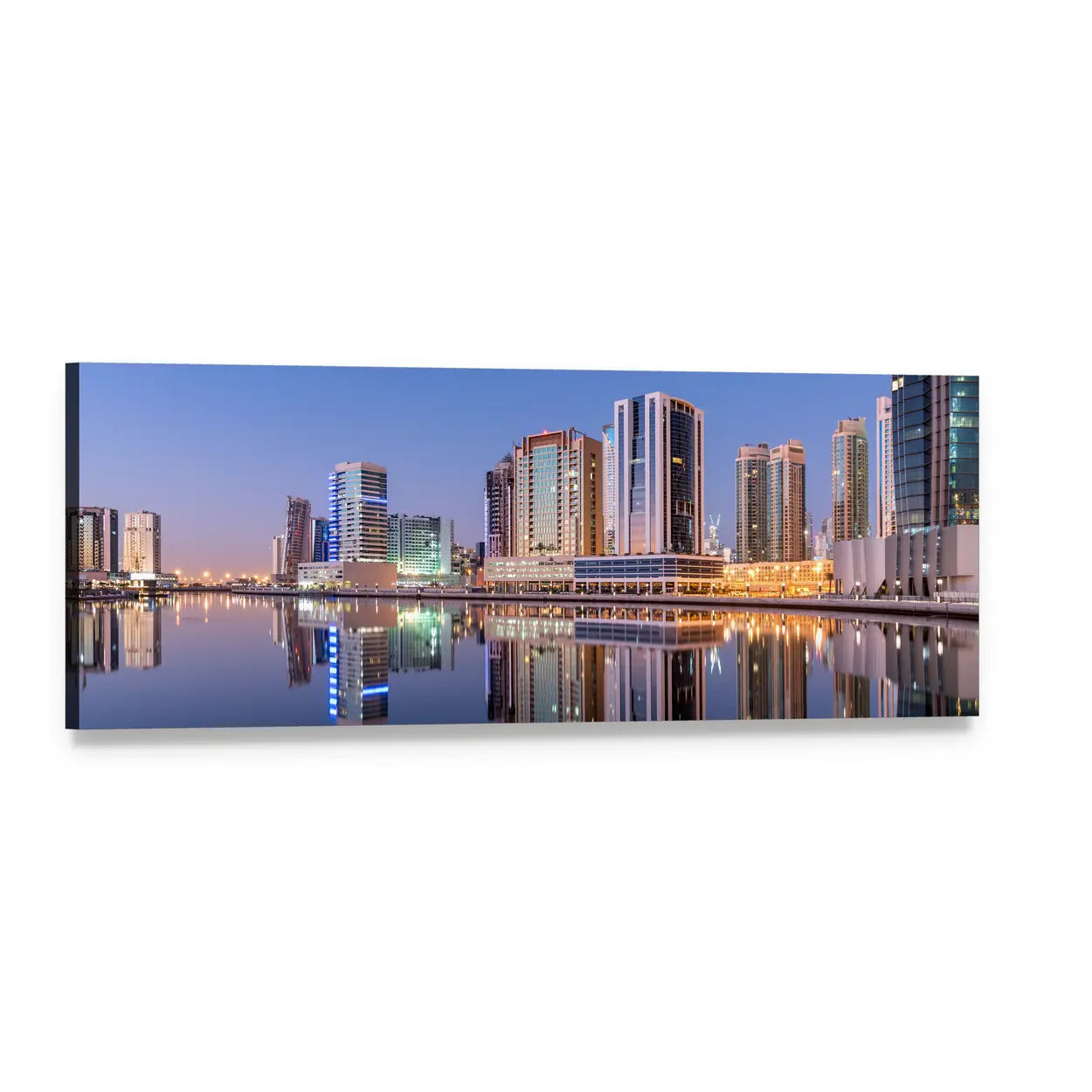 Dubai Skyline Reflected in Canal Panoramic Canvas Wall Art, single panel gallery wrapped canvas, angled product view