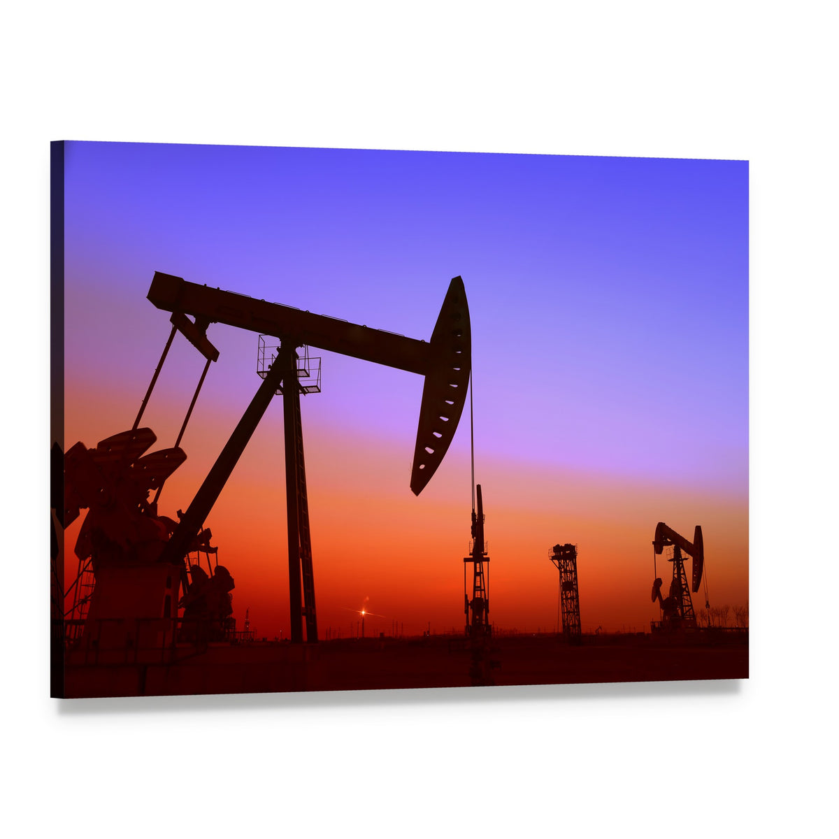 Pumpjack Silhouette at Sunset Canvas Wall Art, single panel gallery wrapped canvas, angled product view