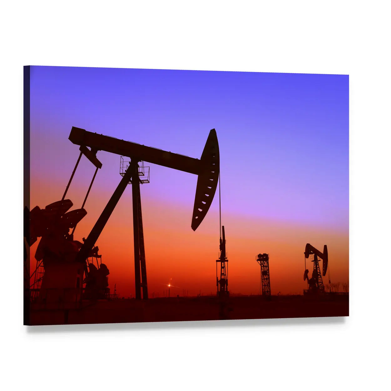 Pumpjack Silhouette at Sunset Canvas Wall Art, single panel gallery wrapped canvas, angled product view