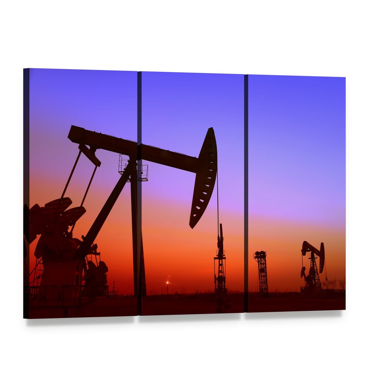 Pumpjack Silhouette at Sunset Canvas Wall Art, 3 panel 3 Horizontal layout gallery wrapped canvas set, angled product view