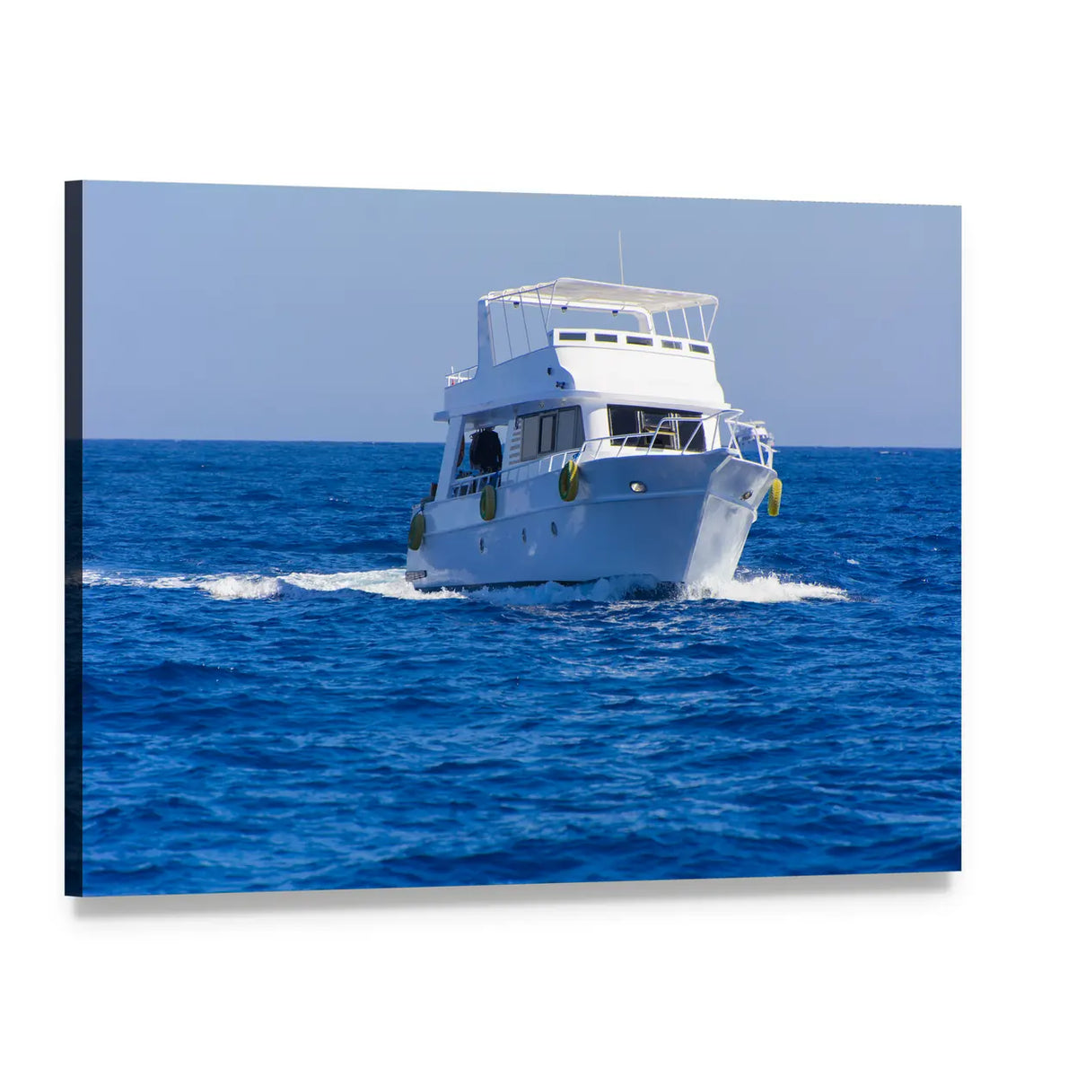 White Motor Yacht at Sea Canvas Wall Art, single panel gallery wrapped canvas, angled product view