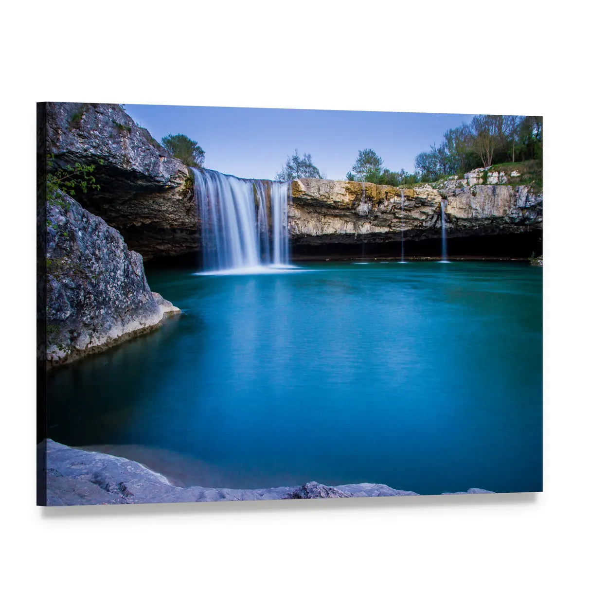 Cascading Waterfall with Blue Pool Canvas Wall Art, single panel gallery wrapped canvas, angled product view