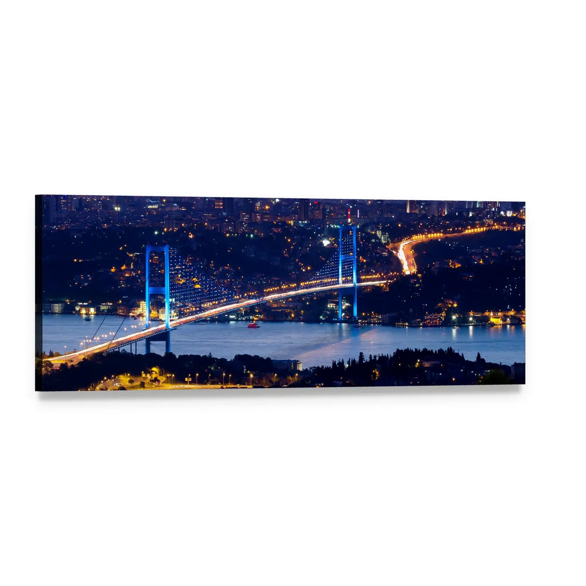 Bosporus Bridge Night Skyline Panoramic Canvas Wall Art, single panel gallery wrapped canvas, angled product view