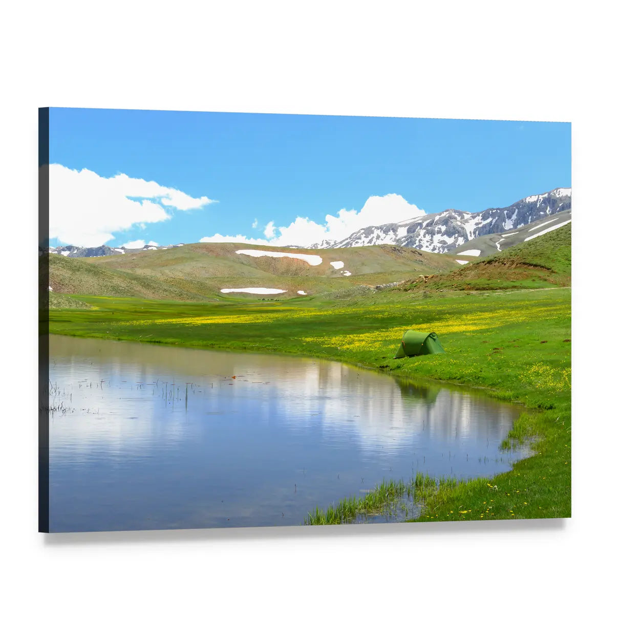 Mountain Meadow with Pond and Green Tent Canvas Wall Art, single panel gallery wrapped canvas, angled product view