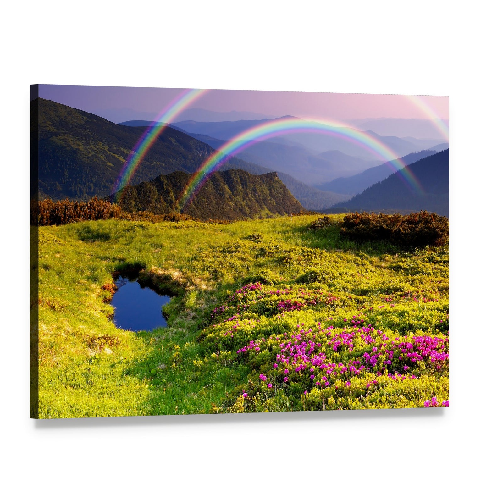 Summer Landscape with Mountains Flowers Rainbow and Lake Canvas Wall Art, single panel gallery wrapped canvas, angled product view